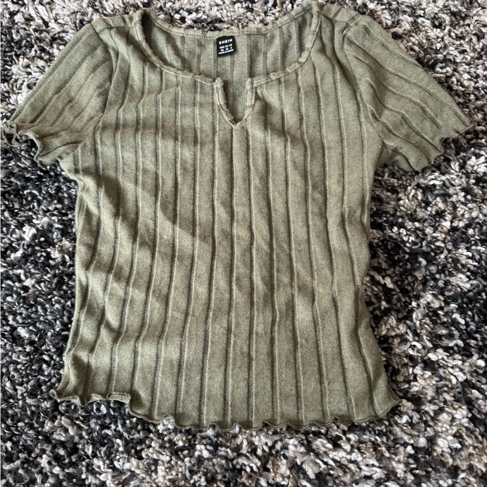 SHEIN Ribbed Khaki Short Sleeve Top
